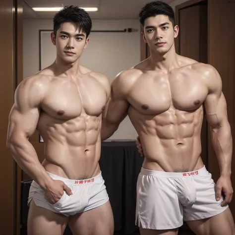 2 handsome chinese guy cuddling, romantic , manly，super realistic, tall, 20 years old，young baby face, strong sport body, sexy , detailed muscles, Inspired by Bian Shoumin, Inspired by Xiao Yuncong, yihao ren, yanjun cheng, jinyiwei, inspired by Huang Gong...