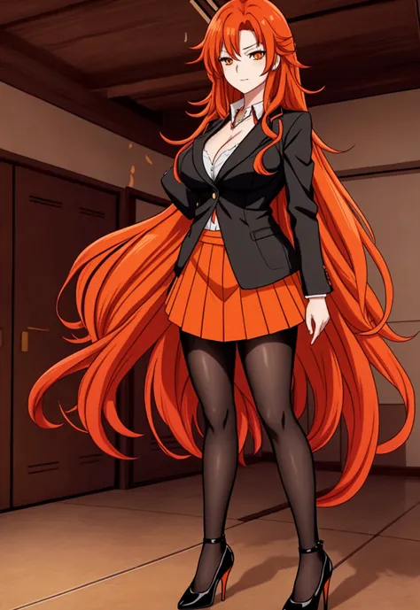 ol office ol professional attire，anime girl with long red and orange hair and black hair, 28 years old，long hair anime girl, she...