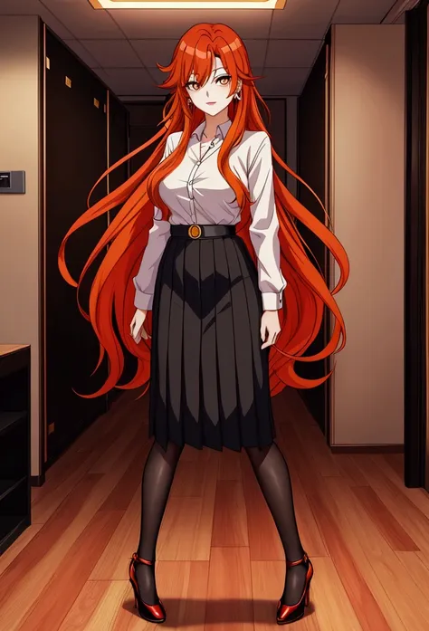 ol office ol professional attire，anime girl with long red and orange hair and black hair, 28 years old，long hair anime girl, she...