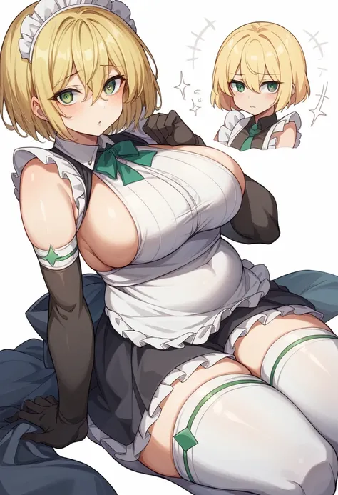 (One girl)、(bob cut)、((Blonde))、（Sato Air）、slan eyes、（boyish）、cute、(Big super breasts)、[Chubby]、Maid clothes、No sleeve、mini skirt、White sleeveless、thigh-high socks thighhighs、(long gloves)、hairs between eyes、flipped hair、(coarse hair)、green eye、((say))、arm...