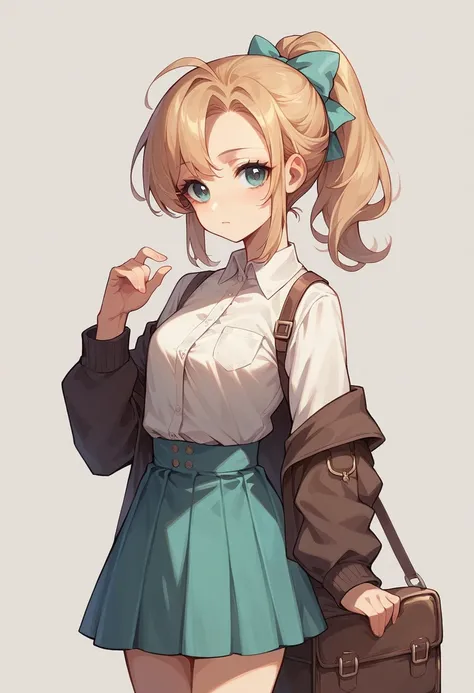 lovely young face,adult,coquettish,simple outfit,elegance,ponytail hair ,skirt, shirt,kabedon