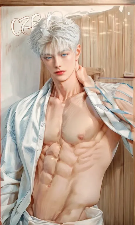 1boy, young, handsome, perfect face, detailed eyes and face, clean shaved, muscular, capturing a rural atmosphere, dynamic lighting, unreal engine 5, hd picture, satoru gojo, white hair, short hair ,hair between eyes ,blue eyes