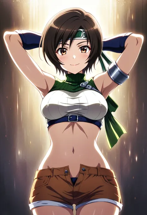 score_9, score_8_up, score_7_up,,BREAK source_anime, from below,side view,,(arms up,arms behind head).straight-on,medium shot,looking_at_viewer,1girl, yuffie kisaragi, final fantasy, short hair,headband,navel,sleeveless,turtleneck,brown eyes,sleeveless tur...