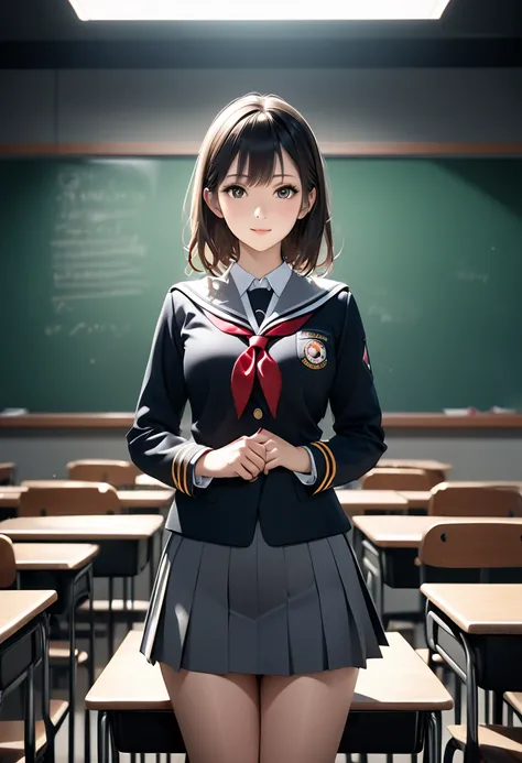 25-year-old female, Mature Woman, ((In the classroom)), ((school uniform)), Raw photo, (photoRealistic: 1.37, Realistic), Highly detailed uniform CG 8K wallpaper, 1 Girl, (((Perfect body: 1.1)), (Medium breast: 1.2), Watching the audience, (((Straight from...