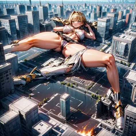 Giantess, long sexy legs, yellow hair, bikini,lying on top of destroyed buildings, city at her feet burns in flames for the destruction she has caused, tiny people climb on her body to try to defeat her uselessly. Giantess, goddess, macrophilia, curvaceous...