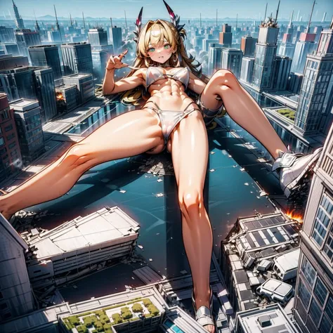 Giantess, long sexy legs, yellow hair, bikini,lying on top of destroyed buildings, city at her feet burns in flames for the destruction she has caused, tiny people climb on her body to try to defeat her uselessly. Giantess, goddess, macrophilia, curvaceous...