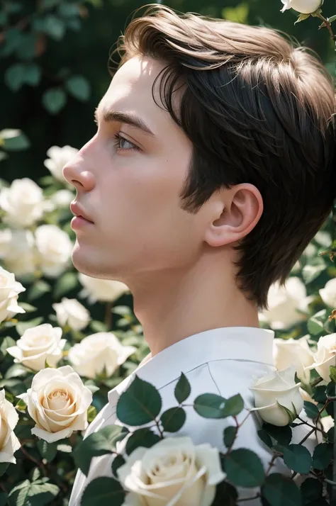 Profile of white boy among roses