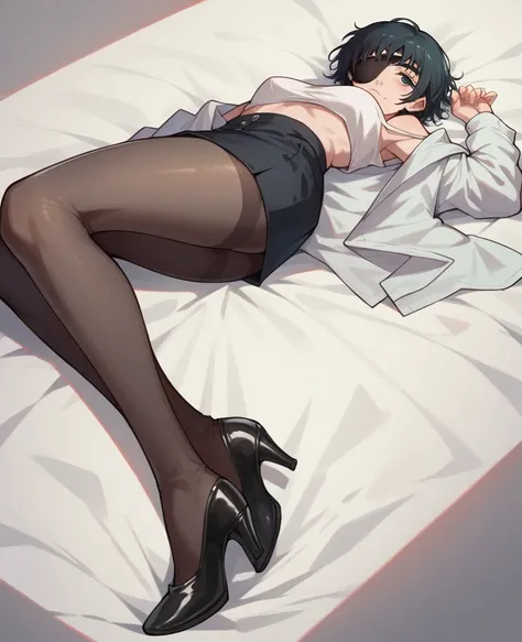 The character Himeno anime verion with black hair color, from the anime series "Chainsaw Man" lying down. She black hair wears black eyepatch over her right eye and dark pantyhose and black hich heels with strap naked top