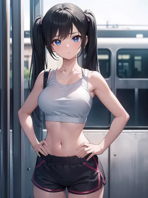 a cute anime girl wears a top and shorts standing on a train platform, 1girl, solo, navel, twintails, shorts, hands on hips, black hair, looking at viewer, low twintails, long hair, sports bra, breasts, bangs
BREAK (masterpiece:1.2), best quality, high res...