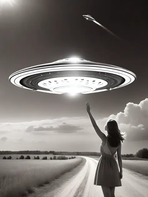 a beautiful girl waves to the ufo in the sky，back，real black and white photos，brown tone，silver halide film