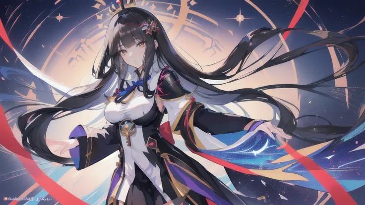 Anime girl with long black hair and a crown on her head, Official artwork with high detail, Ayaka Genshin Impact, Detailed key animation art, Brunette magician, Hestia, Black, Extremely detailed Artgerm, fate grand order, Kushat Krenz Key Women in Art, Sha...