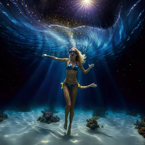 Ethereal Ocean and Cosmic Connection Foreground: Underwater: Diver: A blonde woman in a bikini with fins, mask and snorkel, surrounded by small bioluminescent creatures dancing around her, leaving trails of light. Coral reef: A colorful reef with a variety...