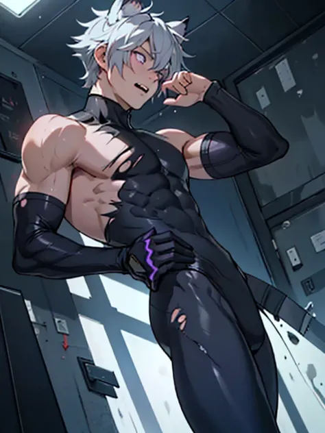 ((Fine details)), Best Shadow,Cinema Lighting,Highest quality,((Very detailed))　masterpiece　the body is slim　Embarrassing　Gray Hair　Torn tights　Electricity began　get wet　Big eyes　thin　The suit was torn　Upper body naked　sweating　Delicate body　Pitch black ti...