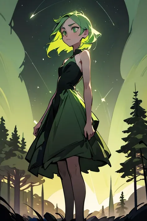 A poor girl with shoulder-length green hair and green eyes, wearing a simple dress, standing alone in a deep forest at night. The moon is shining, and a shooting star is visible in the sky. The atmosphere is tense and foreboding.