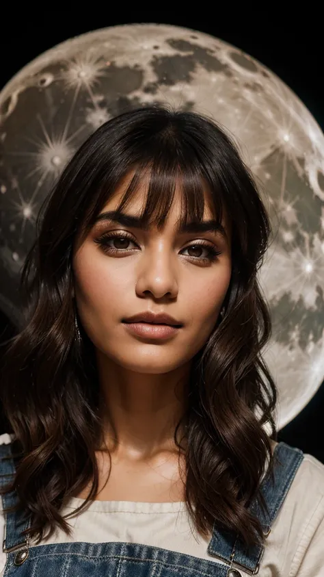 closeup portrait of Indian  skswoman, neutral , wearing overalls , big breasts with bra, with silver Side-swept bangs , background moon epic (photo, studio lighting, hard light, sony a7, 50 mm, matte skin, pores,