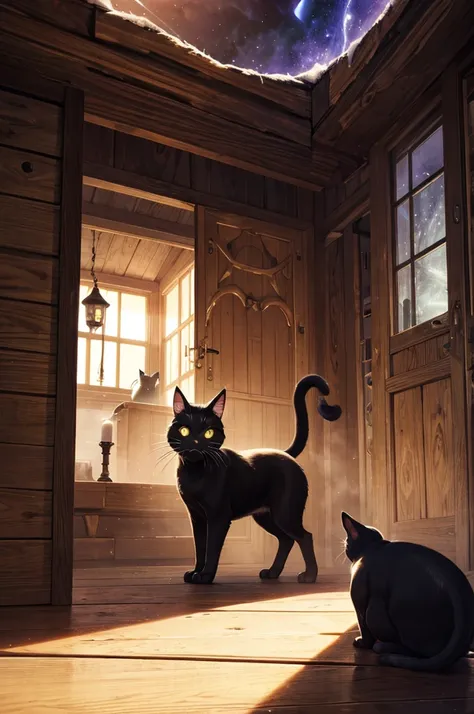 Attic: Secret place, dusty, mysterious atmosphere
Glowing stone: Mystical shine, portal to another world, mysterious aura
Curiosity: Exploration, wide-eyed, whiskers twitching
Black cat Mimi: Small adventurer, agile movements, fluffy tail