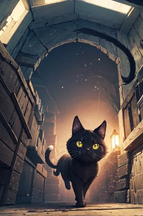 Attic: Secret place, dusty, mysterious atmosphere
Glowing stone: Mystical shine, portal to another world, mysterious aura
Curiosity: Exploration, wide-eyed, whiskers twitching
Black cat Mimi: Small adventurer, agile movements, fluffy tail