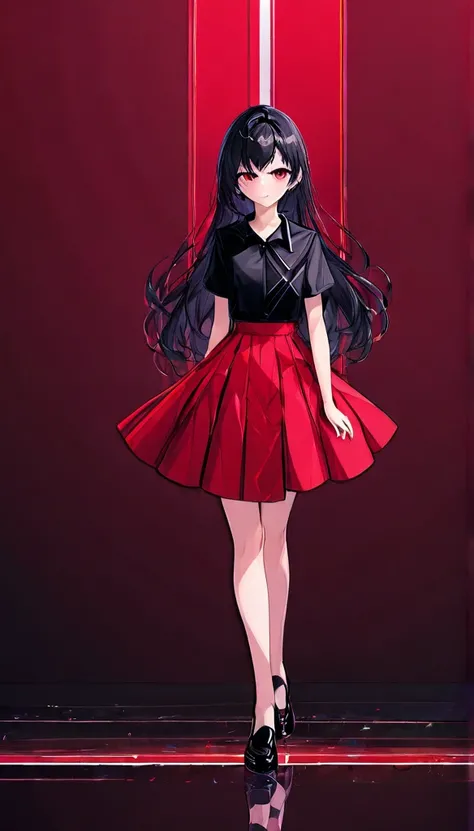 best quality, masterpiece, solo, 1girl, black hair, shirt,  red eyes, black beckground, standing, black shoes