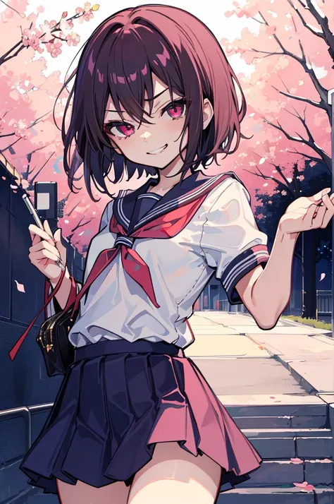 (Ideal:1.1), (perfect:1.1), (flawless:1.1), (highest quality:1.2), (best quality:1.2), street, 1girl, (evil smirk:1.1), (dominant smirk:1.1), (loli:1.2), young, (school uniform:1.1), detailed body, sexy thighs, small breasts, short hair, crimson eyes, high...