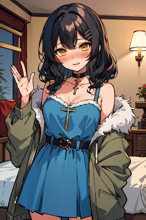 (masterpiece:1.2), (high quality:1.2), (hui xiyi:0.7), rekkyo sensen, rekkyou sensen, girls with((1girl, solo, black hair, yellow eyes, (wavy medium hair, hairclips:1.3), blush, breasts, choker, cleavage, coat, cowboy shot, blue dress, ribbon waist belt, c...