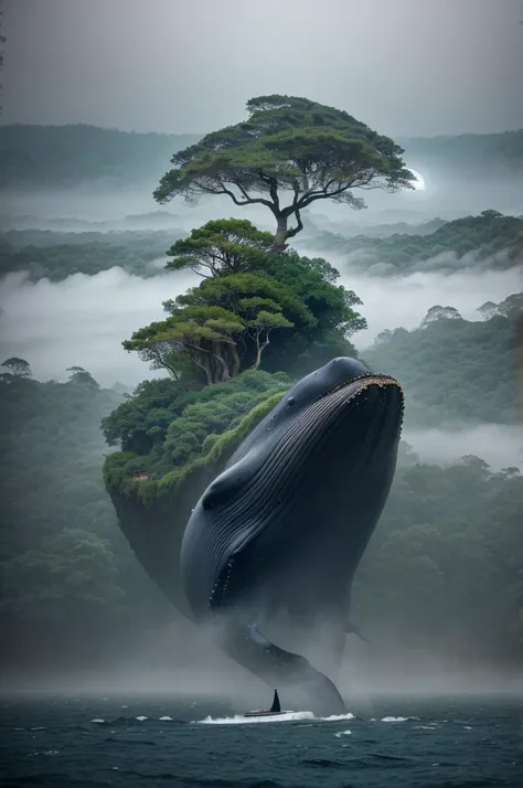 A surreal image depicting a massive whale with trees and vegetation growing on its back, resembling an island. It floats among dense fog or mist, adding an otherworldly atmosphere.