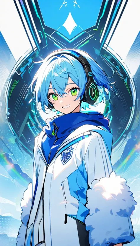 1boy, split in two curtain bang light blue colour hairstyle,green eyes,blue earrings,,fluffy blue hoodie,white blazer with school logo on top, beautiful smile,standing ,skinny,blue high tech headphones,