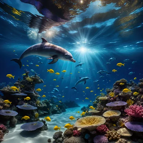 Ethereal Ocean and Cosmic Connection Foreground: Underwater: Diver: A blonde woman in a bikini with fins, mask and snorkel, surrounded by small bioluminescent creatures dancing around her, leaving trails of light. Coral reef: A colorful reef with a variety...