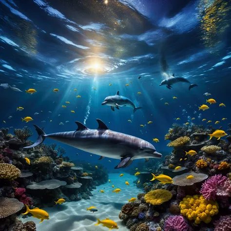 Ethereal Ocean and Cosmic Connection Foreground: Underwater: Diver: A blonde woman in a bikini with fins, mask and snorkel, surrounded by small bioluminescent creatures dancing around her, leaving trails of light. Coral reef: A colorful reef with a variety...