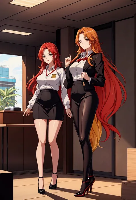 ol professional woman，28 years old，long hair anime girl, She has long red gradient hair，Red and yellow hair，Attractive anime girl,White shirt，White shirt，Black hip skirt，business attire，office，city building，现代office，Very long hair，Large Breasts,Keep files,...