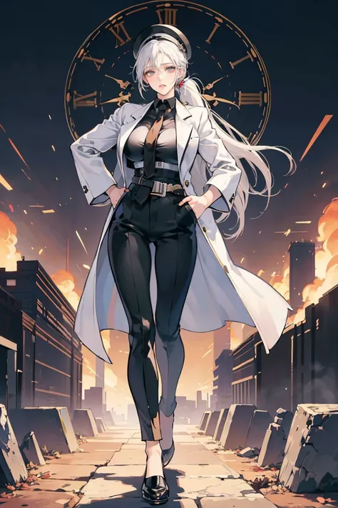 anime - (masterpiece), best quality, seductive eyes, mature face, brown eyes, long ponytail white hair, business suit, black pants, black necktie, white coat, peaked cap, full body, tall woman, long legs, adult-like female, 1girl, big breast, smug face, th...