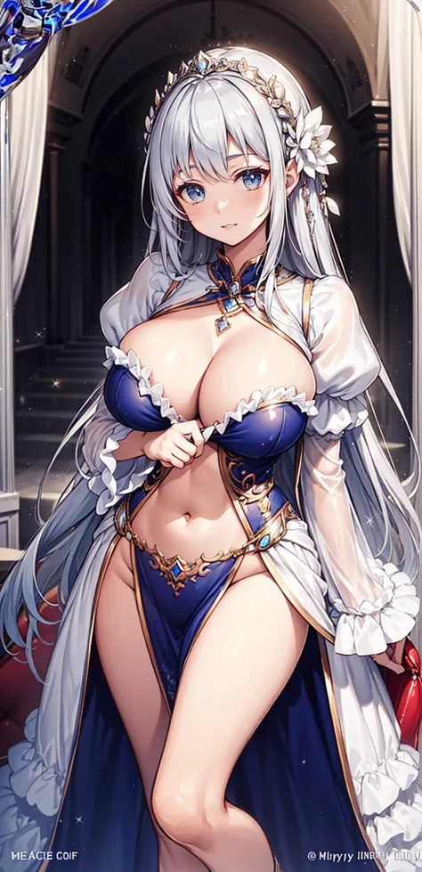 saint，Enchanted，Have fun，in love，(white dress)，silver hair，E Blue Eyes，Decoration of saint，elaborate costume，bedroom，Solo person，nighttime，transparent clothing,gorgeous jewelry，crystal hair accessories，rift，pubis，，transparent，(Luxurious shine）、((puffy slee...