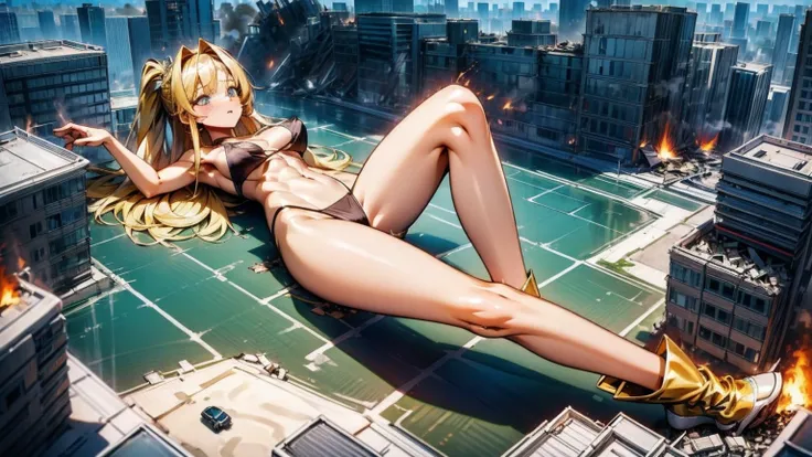 Giantess, long sexy legs, yellow hair, bikini,lying on top of destroyed buildings, city at her feet burns in flames for the destruction she has caused, tiny people climb on her body to try to defeat her uselessly. Giantess, goddess, macrophilia, curvaceous...