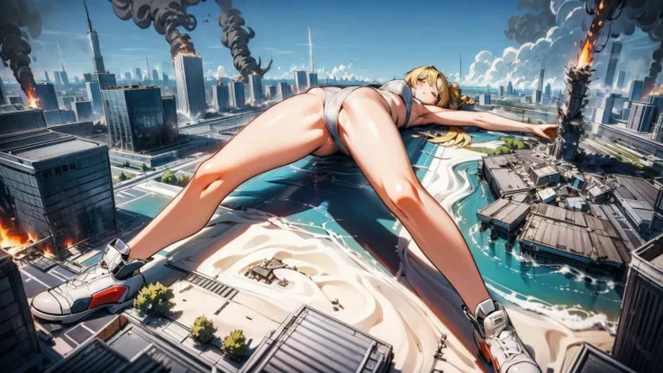 Giantess, long sexy legs, yellow hair, bikini,lying on top of destroyed buildings, city at her feet burns in flames for the destruction she has caused, tiny people climb on her body to try to defeat her uselessly. Giantess, goddess, macrophilia, curvaceous...