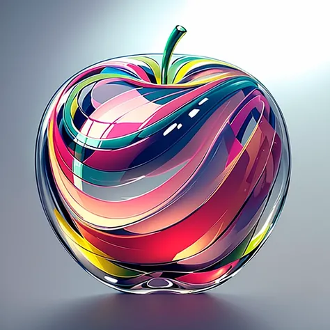 "Create a detailed illustration of a glass apple with a soft, glossy finish. The apple should be made of transparent glass and feature pastel colors similar to the attached image. Incorporate gentle layers of green, blue, yellow, pink, and purple in a harm...