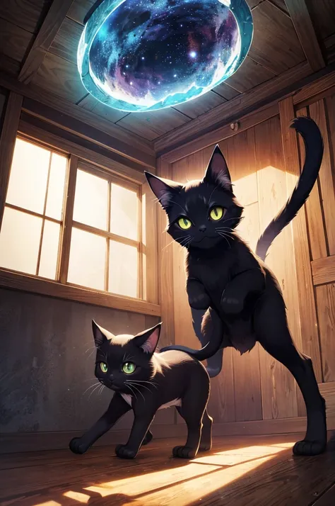 Attic: Secret place, dusty, mysterious atmosphere
Glowing stone: Mystical shine, portal to another world, mysterious aura
Curiosity: Exploration, wide-eyed, whiskers twitching
Black cat Mimi: Small adventurer, agile movements, fluffy tail