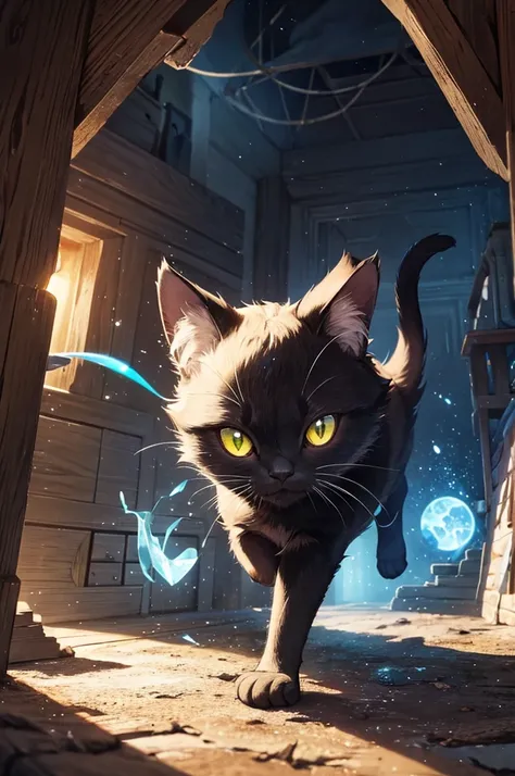 Attic: Secret place, dusty, mysterious atmosphere
Glowing stone: Mystical shine, portal to another world, mysterious aura
Curiosity: Exploration, wide-eyed, whiskers twitching
Black cat Mimi: Small adventurer, agile movements, fluffy tail