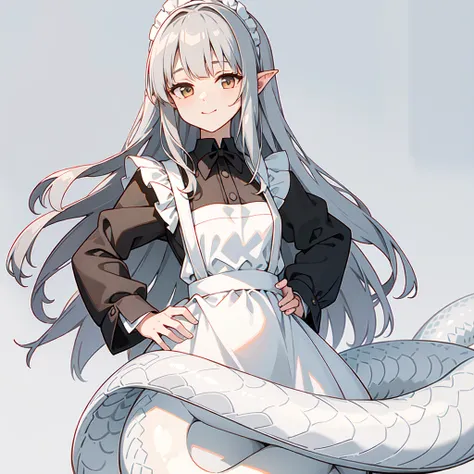 masterpiece, best quality, ultra high quality, 1girl, solo, young with long hair, curly hair, gray hair, blunt bangs, small breasts, neutral, kind smile, onee-chan, wearing a victorian white dress, maid, victorian dress, apron, leggings, black pantyhose, (...