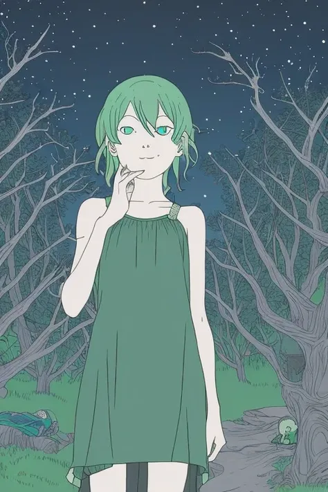 A poor girl with shoulder-length green hair and green eyes, wearing a simple dress, standing alone in a deep forest at night. The moon is shining, and a shooting star is visible in the sky. The atmosphere is tense and foreboding.