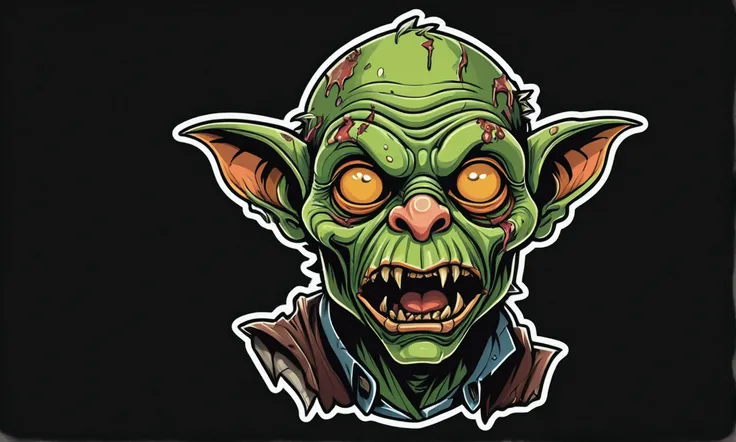 /imagine prompt: zombie goblin illustration for a sticker with a black background, in bold outline style, jagged edges, trashcore, light shading --v 5.2