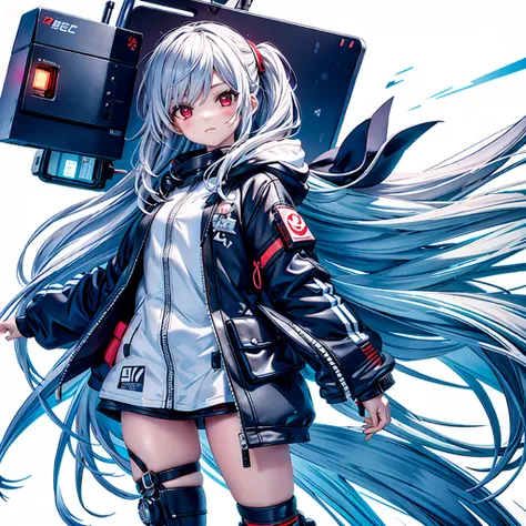 (Tabletop, Highest quality), (Perfect athletic body: 1.2), (Fine hair), Very detailed, Anime Style, whole body, alone, Cyberpunk Psychic Girl, whole body dressed in tattered robes and hood, Vagabond style, Gray Hair, Red eyes, Floating in the air, Small bu...