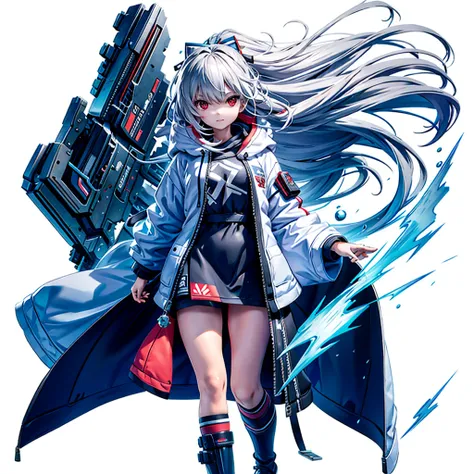 (Tabletop, Highest quality), (Perfect athletic body: 1.2), (Fine hair), Very detailed, Anime Style, whole body, alone, Cyberpunk Psychic Girl, whole body dressed in tattered robes and hood, Vagabond style, Gray Hair, Red eyes, Floating in the air, Small bu...