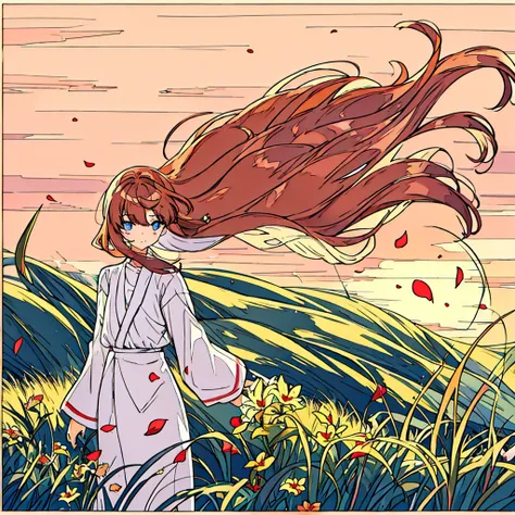 Plain sunset colored background A girl with bronze hair and white clothes Lilies Simple Chic Summer Plains Petals fluttering Wind blowing