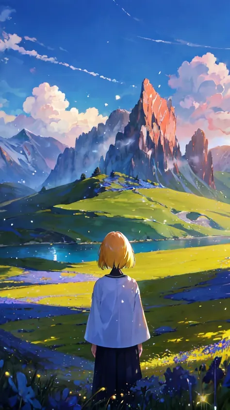 "Illustrate a serene, peaceful nature scene in summer with vivid, beautiful colors in photorealistic 8K quality. Show an 18-year-old girl and a serene anime girl standing on a lush mountain, reaching towards the endless blue sky. Below them, green meadows ...