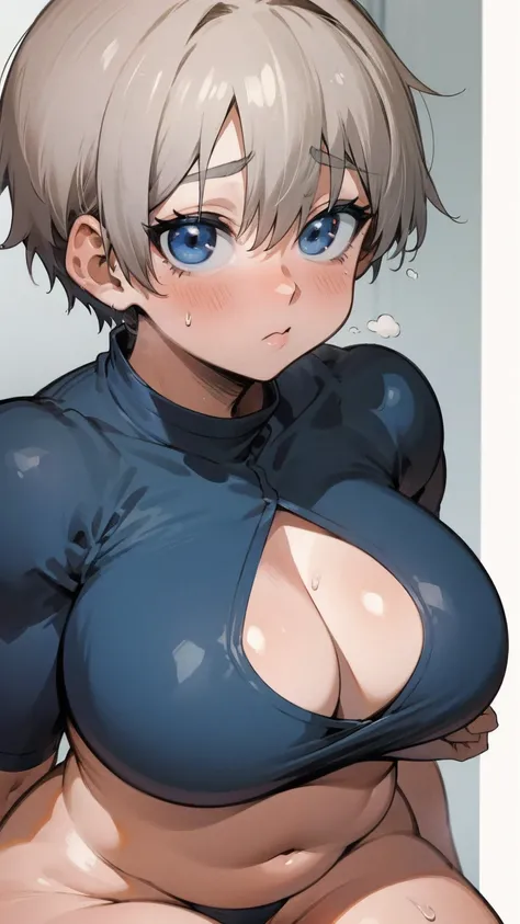 masterpiece, best quality, ultra-detailed, Potrait of beautiful , (chubby) (muscular), (plump), (sexly), (cleavage), ((tomboy)), (アニメ), (Breasts), (Plump), ((very short hair)), ((Uzaki Hana)), (overweight), (Gray Hair), ((Saggy breasts)), (blue eyes), (Sho...