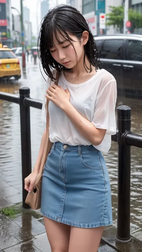 Natural image quality,１People Girls,Japanese,20-year-old,Beauty,Beautiful face,Cute face,Crying face,Sad expression,Frustrated expression,tears,Short-sleeved summer clothes,skirt,(Disheveled Hair),(Wet Hair),(Wet body),(Wet clothes),(Wet Face),The whole bo...