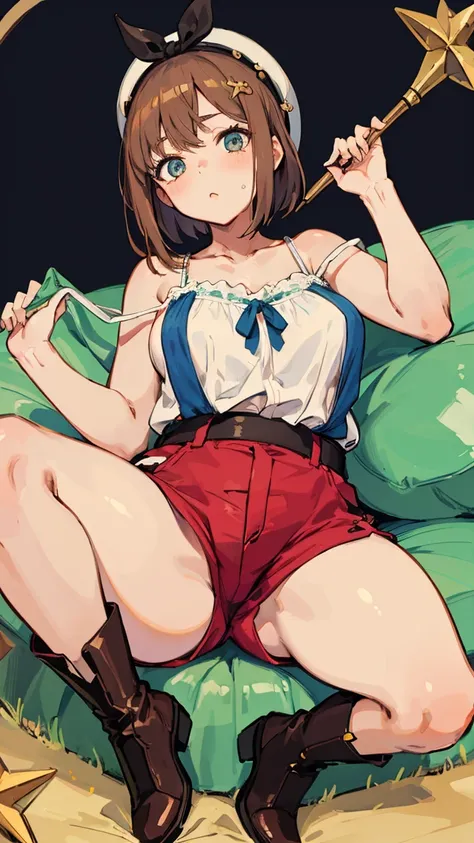 (Highest quality, 8K, masterpiece :1.3),Lizaリン・シュタウト(Lizaのアトリエ),Liza, One woman,Large Breasts,short hair,Brown Hair,hair band,Clothing,hat,White shirt,White camisole,Red shorts,Brown long boots,Full Nelson,Leg spread,nsfw,Plump body,Thighs