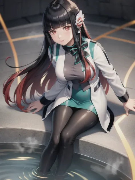 (extremely detailed CG), (best quality), 1girl, perfect face,shiny skin,narrow waist, wide hips  AzuArk,high heels, footwear,humagear_headphones,black nails,white jacket,skirt,long sleeves,red hair, red eyes, blunt bangs,pantyhose,multicolored hair,long ha...