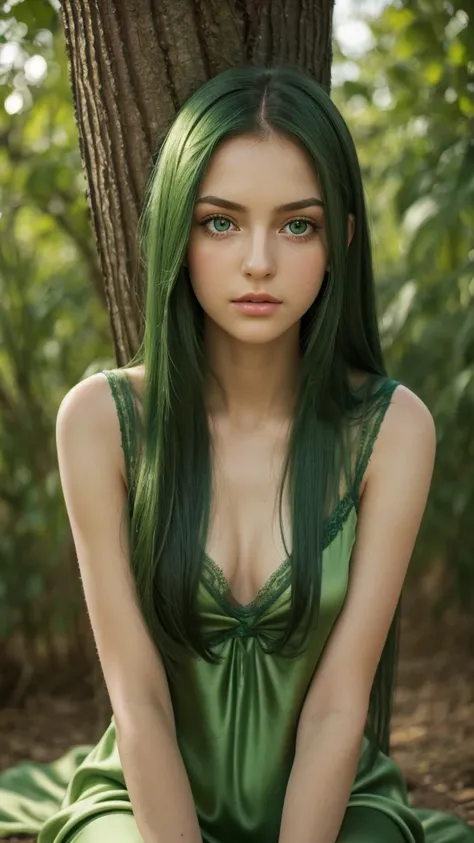 a girl.  face sent feeling.  Europe.  Oval face.  long face.  delicate facial features.  sad eyes.  seductively seductive.  green eyes.  long straight hair.  green hair.  very sad expression.  green silk nightgown.  shy sitting posture.  rest your head aga...