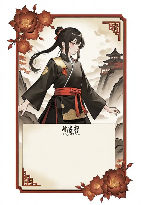 A card border UI，Chinese classical martial arts style，Suspense style，Profile Style。Leave a square blank space in the middle，No characters，Parchment backing。Black and White、yellowish、Dark red main color，Black undertone。