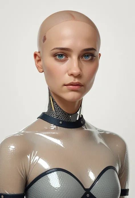 ava, portrait, android, transparent skin parts, looking at the viewer, waist, gray bodysuit, bald, perfect skin, smooth skin, round face, score_9, score_8_up, score_7_up, score_6_up, score_5_up, score_4_up
